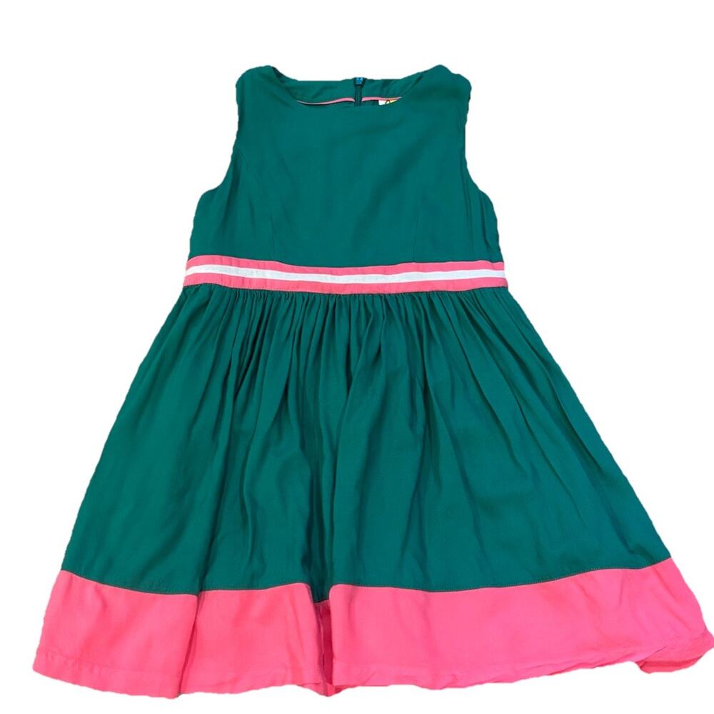 Mini Boden Girls Green Twirl Dress Pink Banded Waist & Border Cotton 5-6 yr